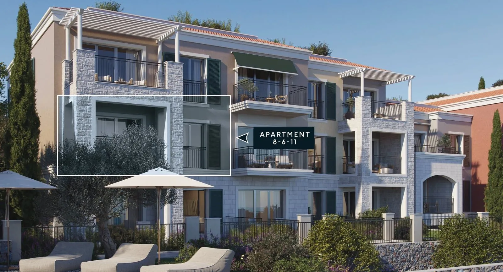 3D vizuelizacija moderne stambene zgrade sa istaknutim apartmanom.