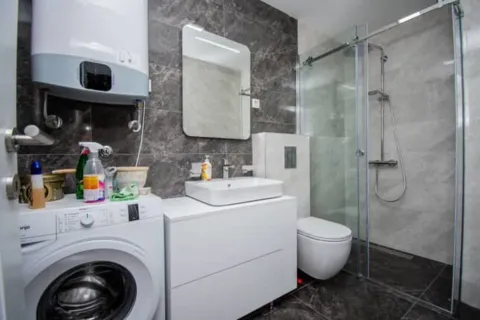 Modern bathroom equipped with a walk-in shower, washbasin, and washing machine. - image 10