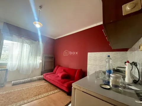 Small living room with a red sofa and kitchen elements in the corner. - image 4