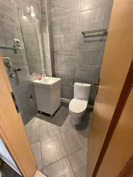 Small bathroom with grey tiles, washbasin and toilet bowl. - image 4