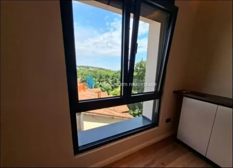 View through a dark-framed window overlooking green surroundings and rooftops. - image 7