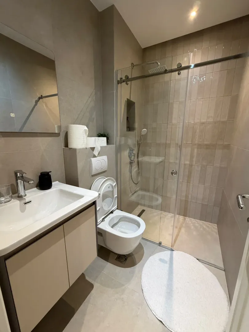 Modern bathroom with a walk-in shower and a vanity unit.