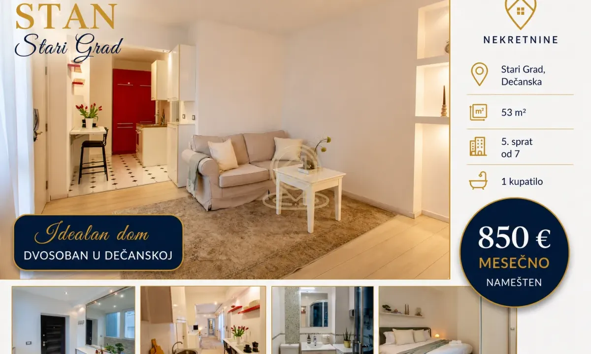 Izdavanje, dvosoban stan, 53m², Stari Grad, Beograd