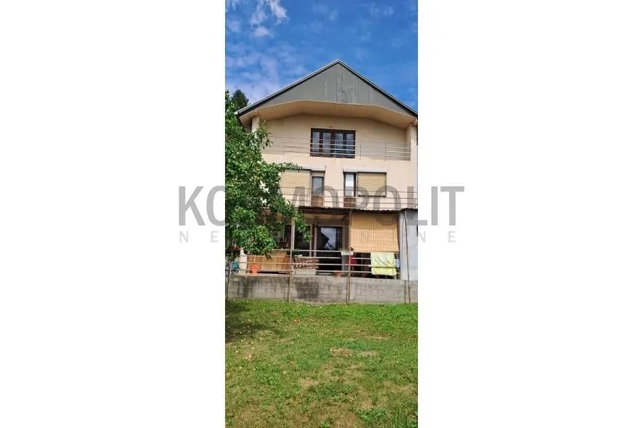 Pogled na dvorište i fasadu porodične kuće sa zelenilom.