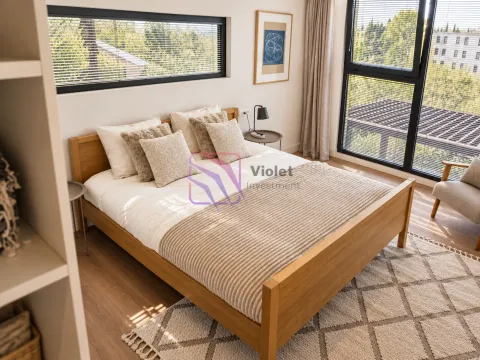 Modern bedroom with a double bed and a large window. - image 5