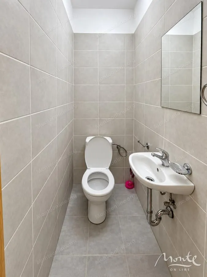 Small bathroom with a toilet, washbasin, and mirror.