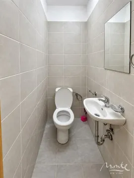 Small bathroom with a toilet, washbasin, and mirror. - image 10