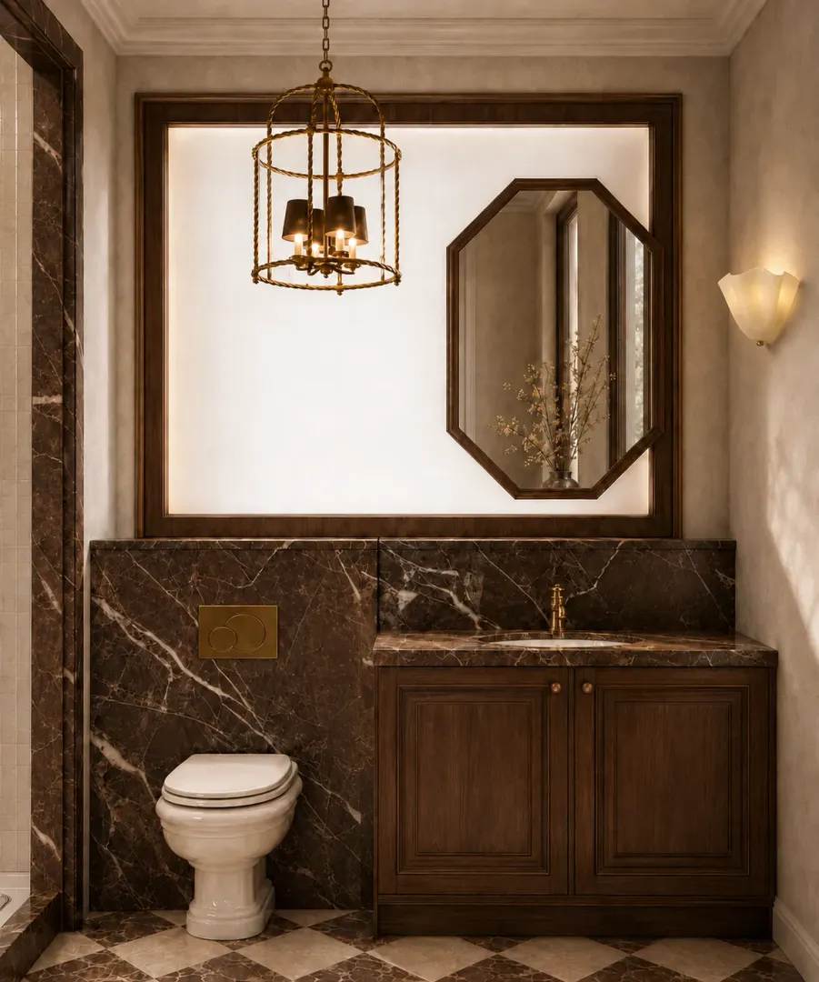 Elegantno opremljeno kupatilo sa umivaonikom, WC šoljom i velikim ogledalom.
