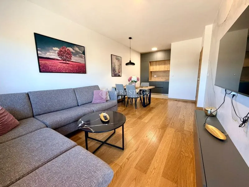 Spacious living room with a sofa and a dining area.