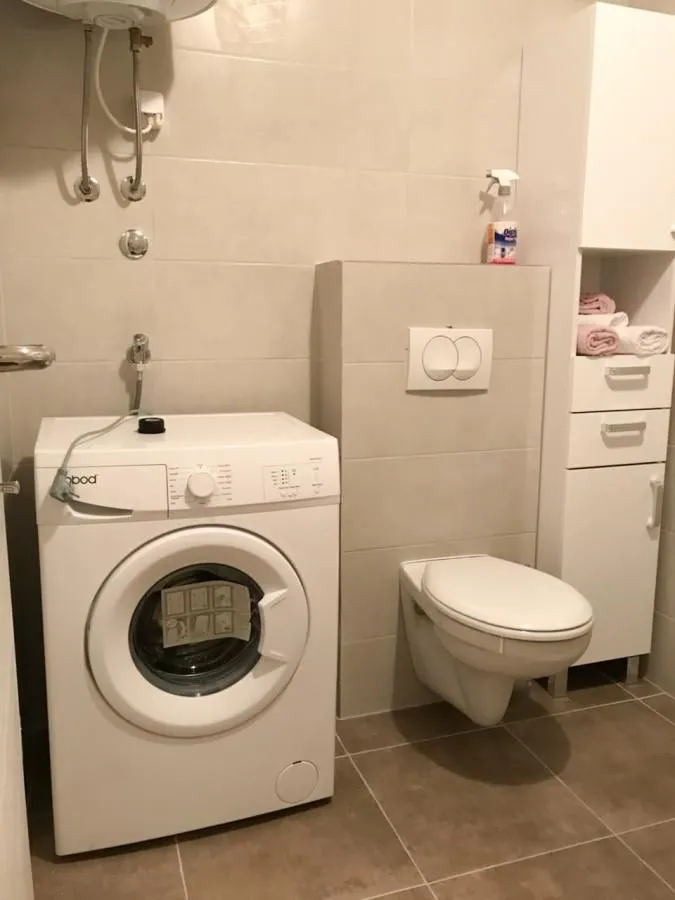 Kupatilo opremljeno toaletom, veš mašinom i bijelim ormarićem.