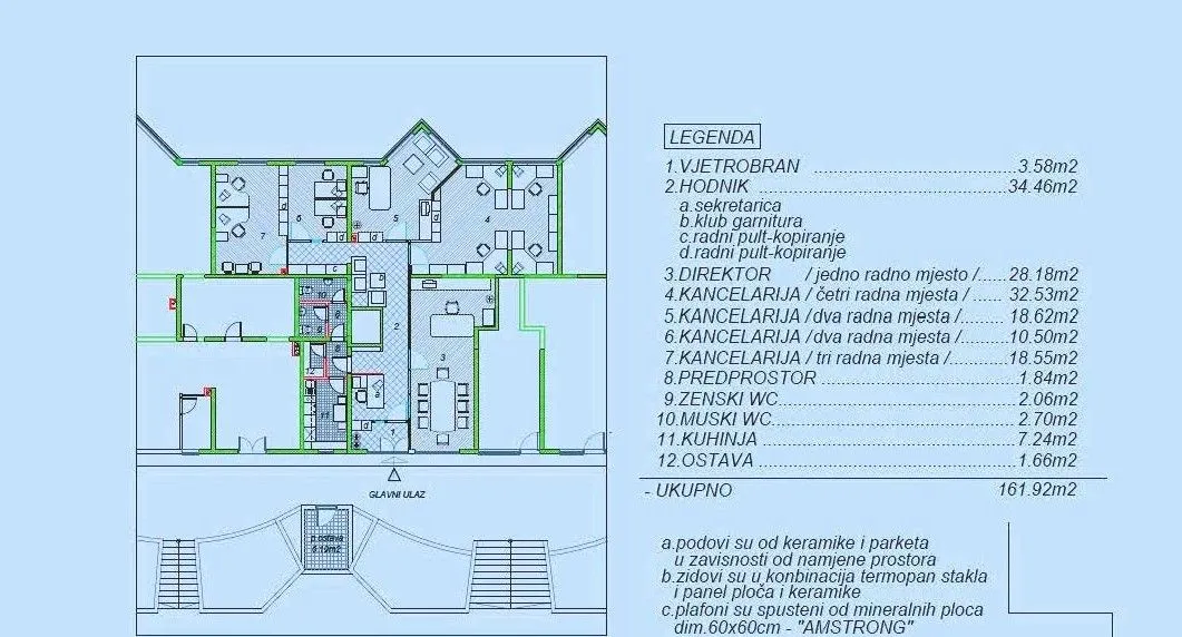 Architectural floor plan of the office space with a detailed room legend.