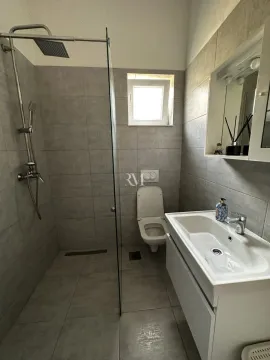 Modern bathroom with a walk-in shower, washbasin, and toilet in gray tones. - image 4
