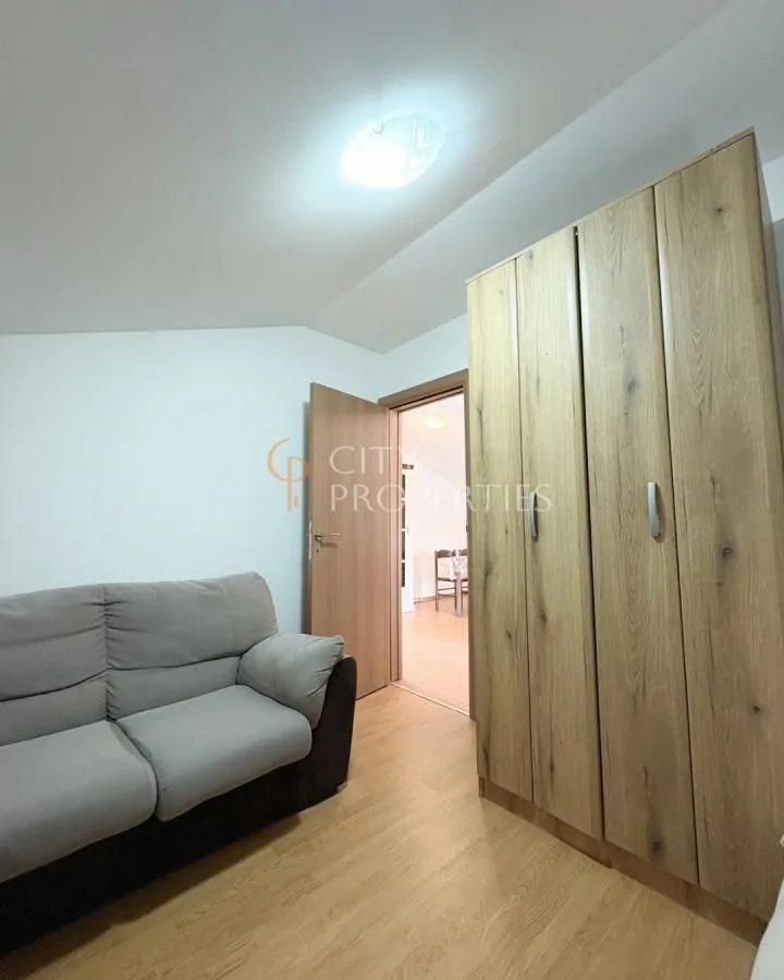 Small living room with a sofa and a wooden wardrobe.