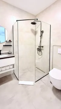 Modern bathroom equipped with a walk-in shower, vanity, and toilet. - image 5