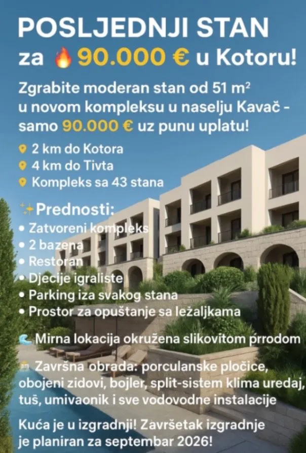 Prodaja, jednosoban stan, 51m², Kavač, Kotor