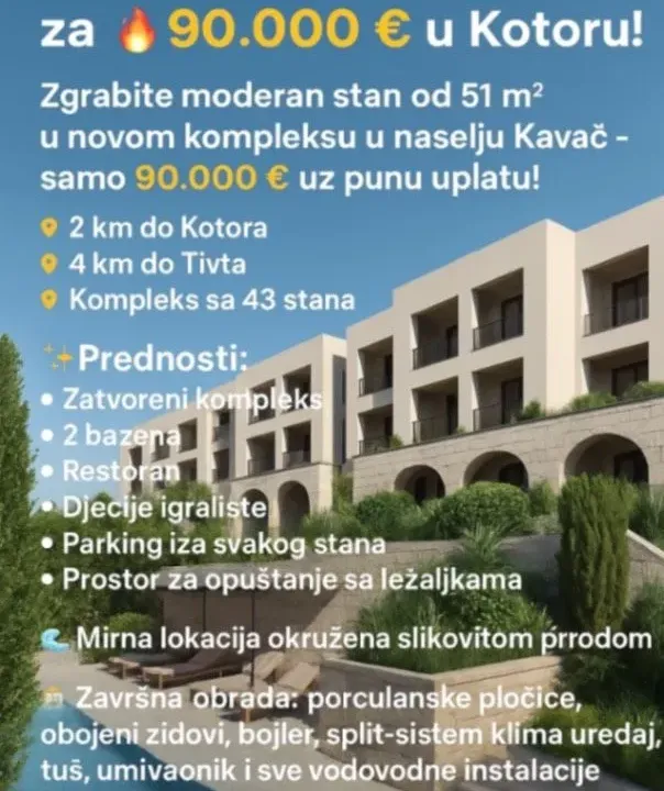 Prodaja, jednosoban stan, 51m², Kavač, Kotor