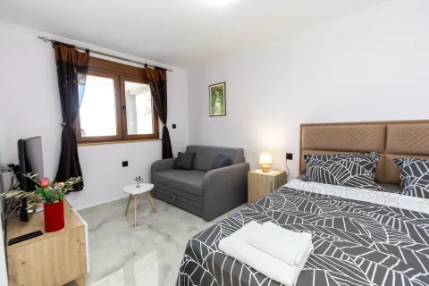 Furnished bedroom with a double bed, pull-out sofa, and window. - image 16