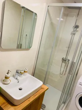 Moderno opremljeno kupatilo sa umivaonikom, ogledalom i tuš kabinom. - image 14