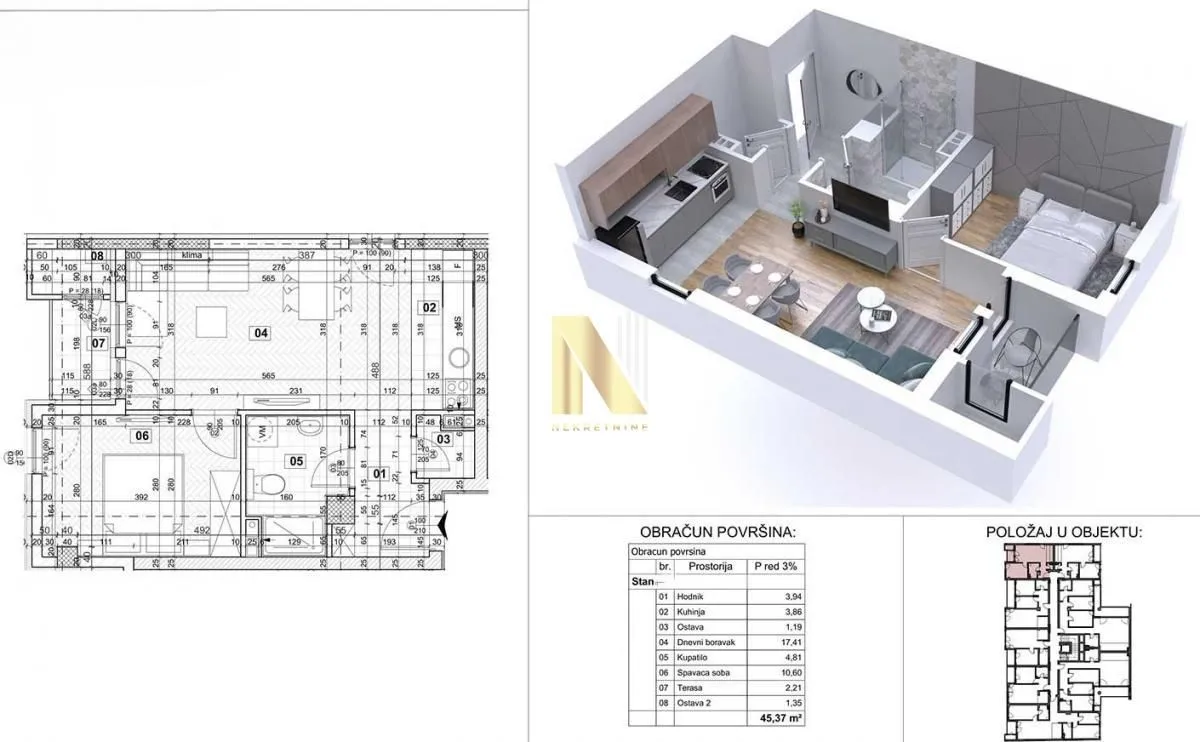 Sale, two bedroom apartment, 46m², Podbara, Novi Sad Sve Podlokacije
