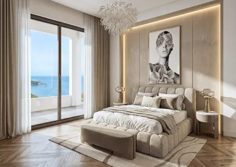 Modern and bright bedroom with a double bed, large window, and sea view. - image 9