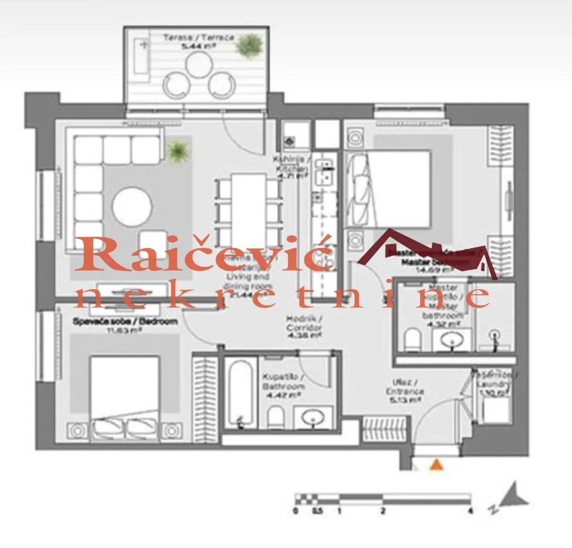 Floor plan of the apartment showing the layout of rooms and furniture.