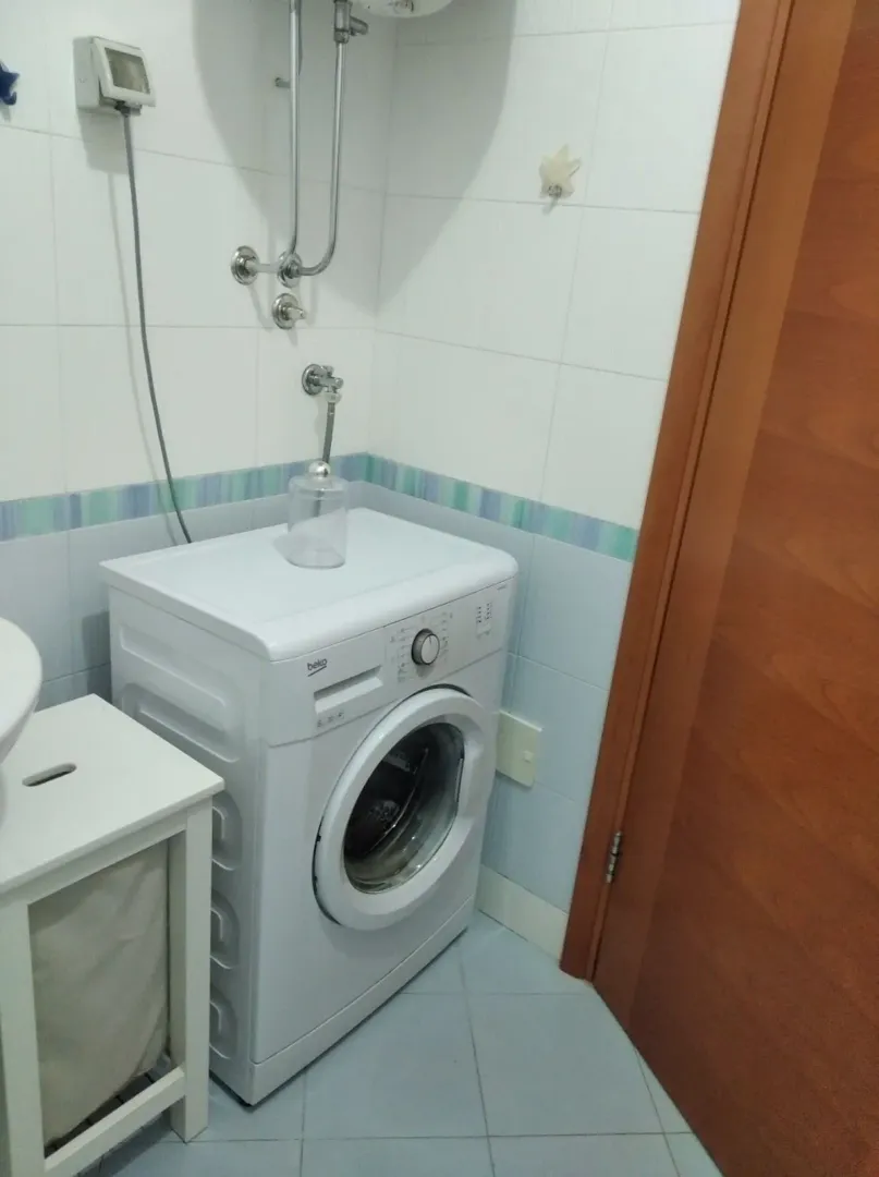Dio kupatila sa veš mašinom i drvenim vratima.