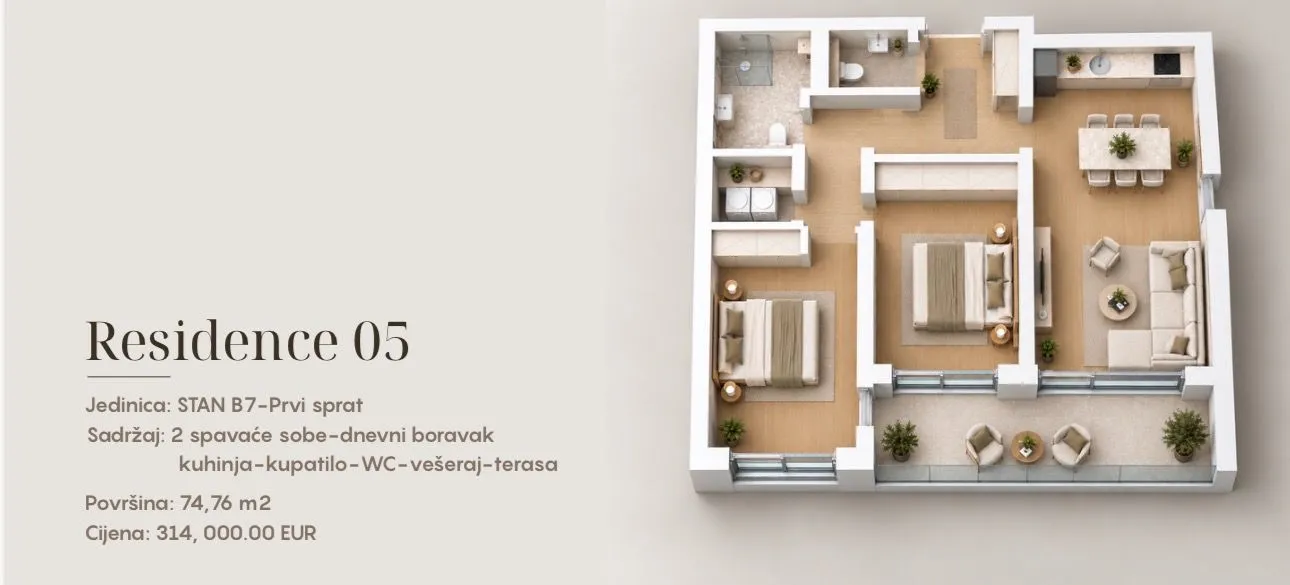 Trodimenzionalni prikaz osnove stana sa rasporedom prostorija i namještajem.