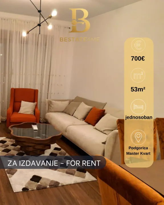 Rent, one bedroom apartment, 53m², Master Kvart, Podgorica