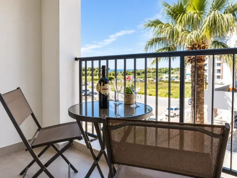 Furnished balcony with a table, chairs, and a view of the surroundings and a palm tree. - image 6