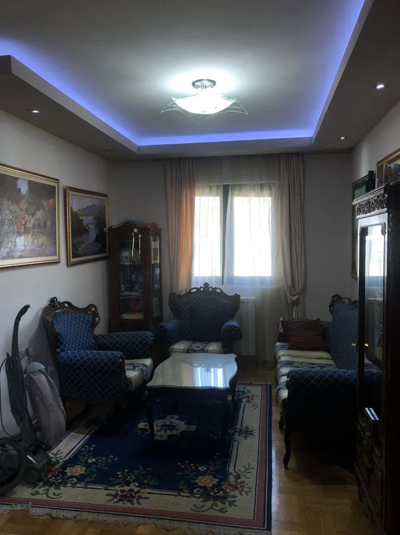 Living room with classic furniture, a patterned rug, and decorative ceiling lighting.