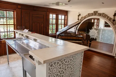 Living room with a bar counter, a piano, and wooden wall paneling. - image 9