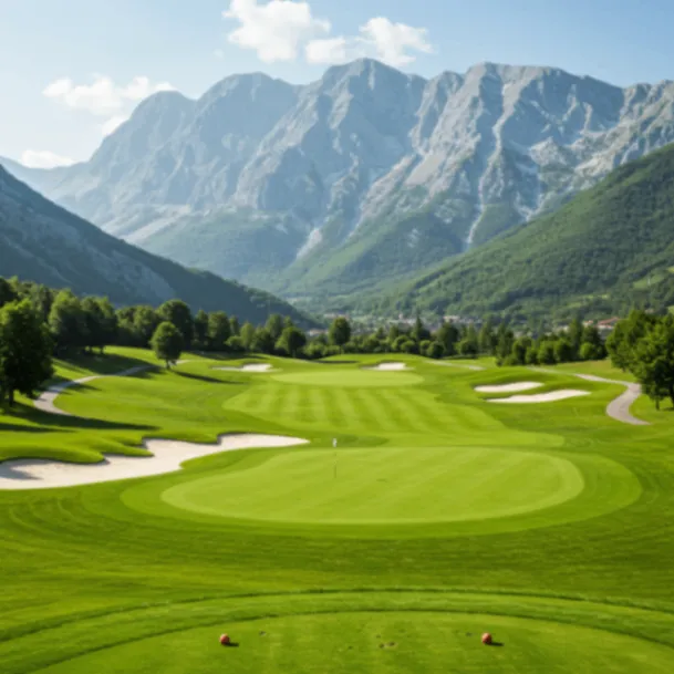 View of a green golf course at the foot of the mountain.