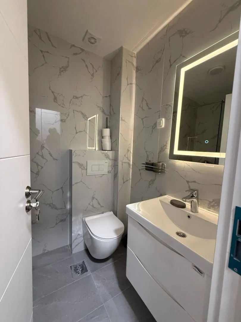 Savremeno opremljeno kupatilo sa umivaonikom i wc šoljom.