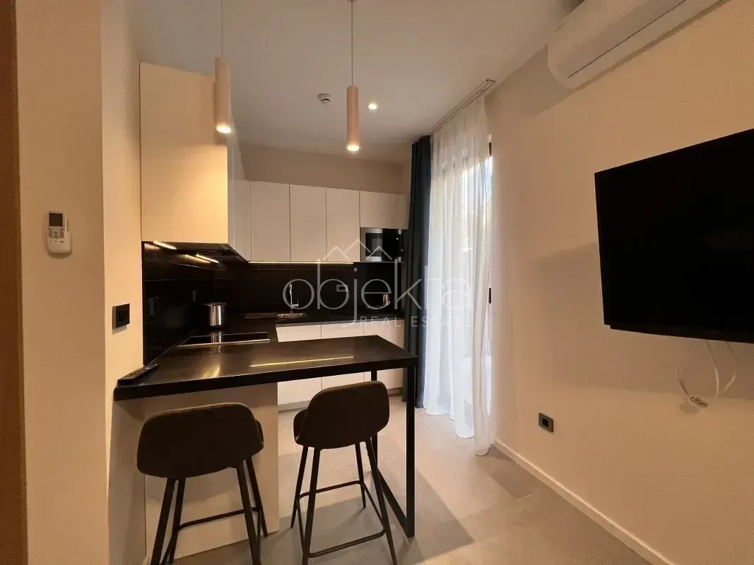 Modern kitchen with a breakfast bar and built-in appliances in a small apartment.
