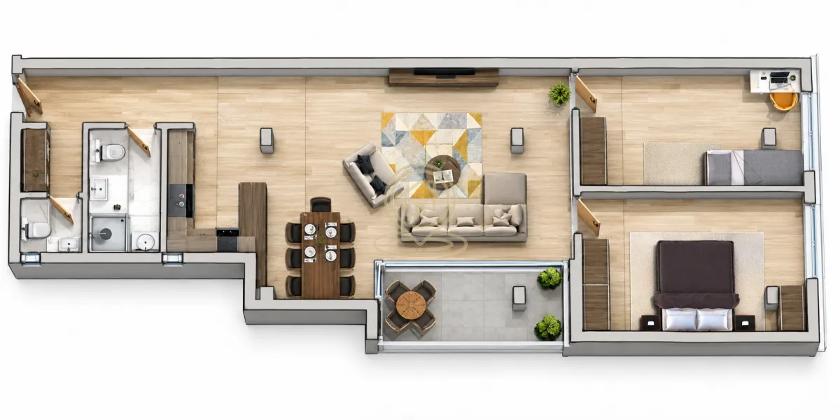 Trodimenzionalni tlocrt stanovanja sa rasporedom prostorija i nameštajem.