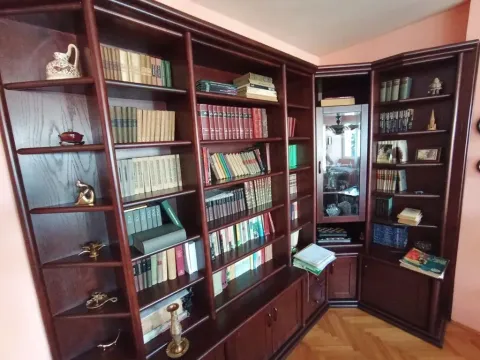 Velika drvena biblioteka sa policama i knjigama u dnevnoj sobi. - image 10