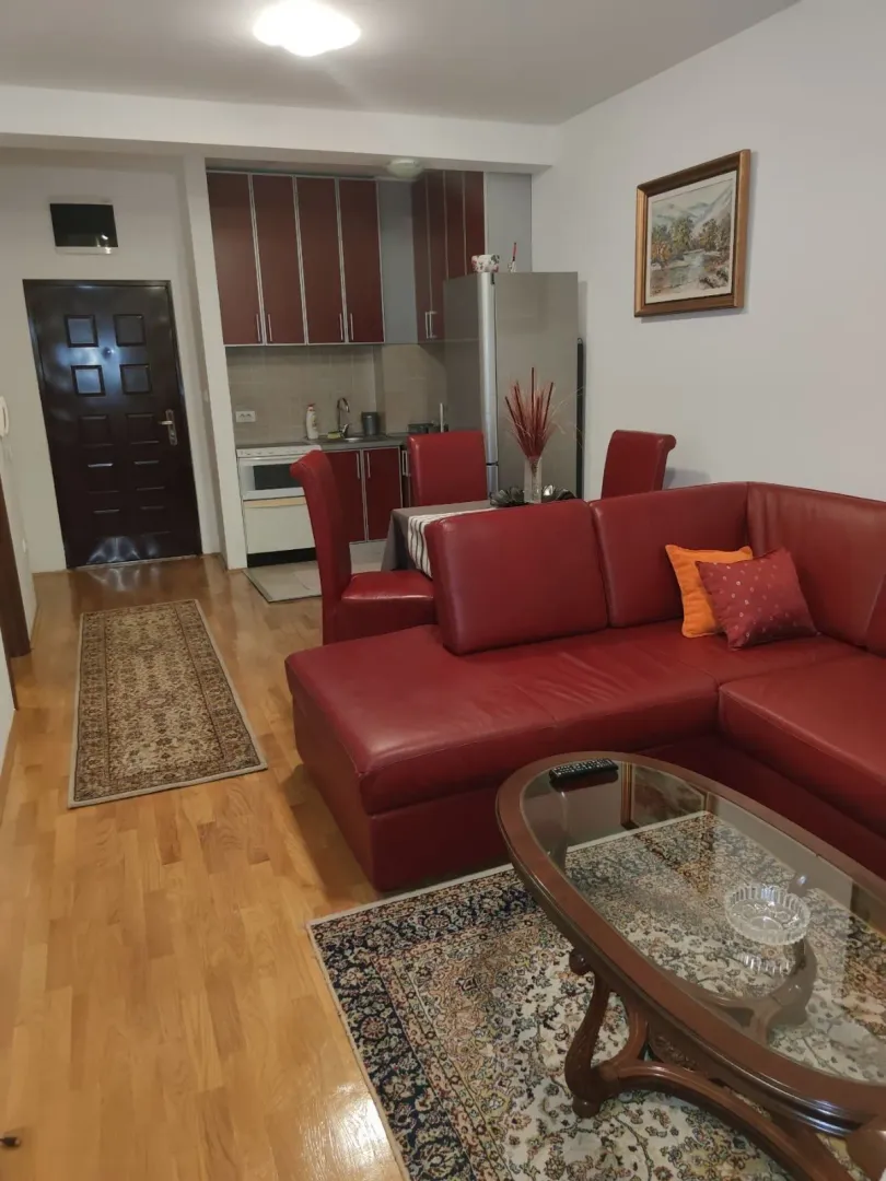 Living room with a red leather sofa and a kitchen in the background.