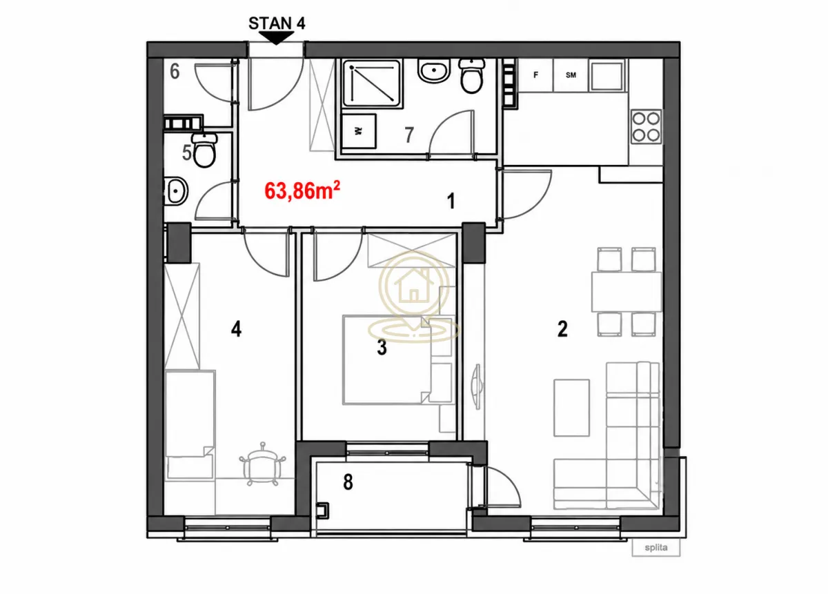 Crtež plana stana površine 63,86 m² sa rasporedom prostorija.