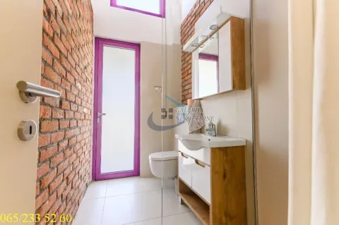 Savremeno opremljeno kupatilo sa umivaonikom, WC šoljom i detaljima od cigle. - image 16