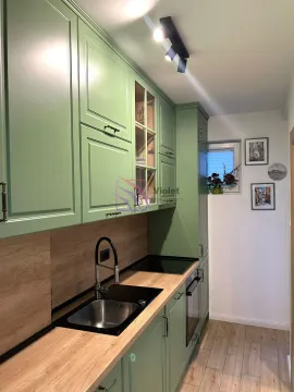 Moderna zelena kuhinja sa drvenim radnim pločama. - image 6
