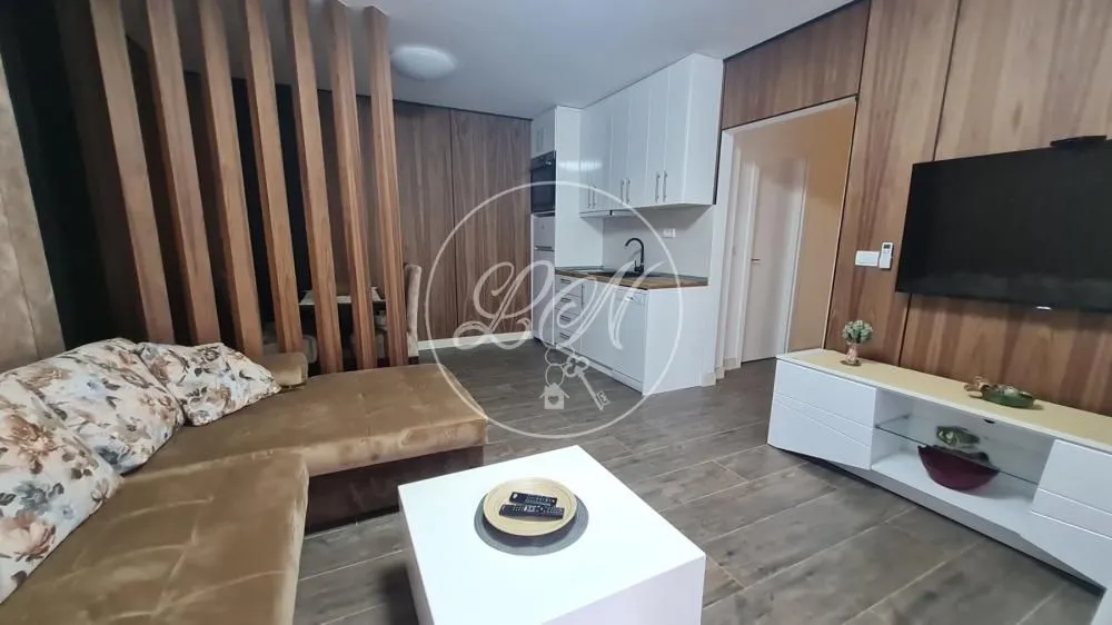 Living room with a sofa, TV, and kitchen in the background.