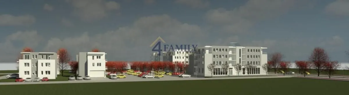 3D render kompleksa zgrada sa parkingom.
