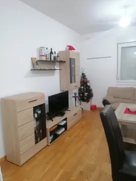 Dnevna soba sa svijetlim drvenim namještajem, televizorom i parketom. - image 2