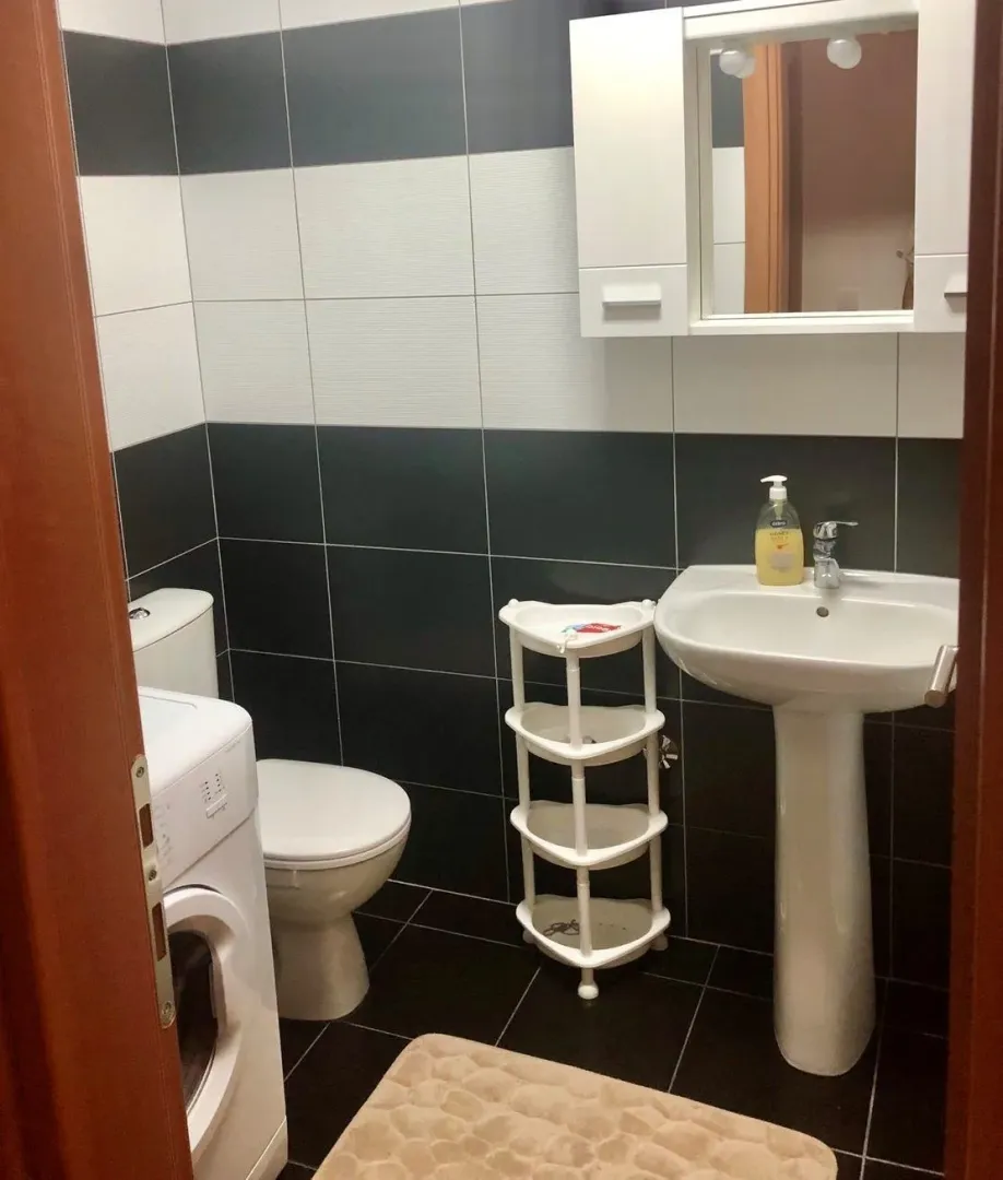 Jednostavno kupatilo sa lavaboom, toaletom i veš mašinom.