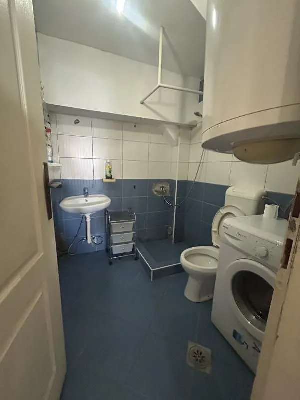 Small bathroom with a sink, toilet, shower area, and washing machine.