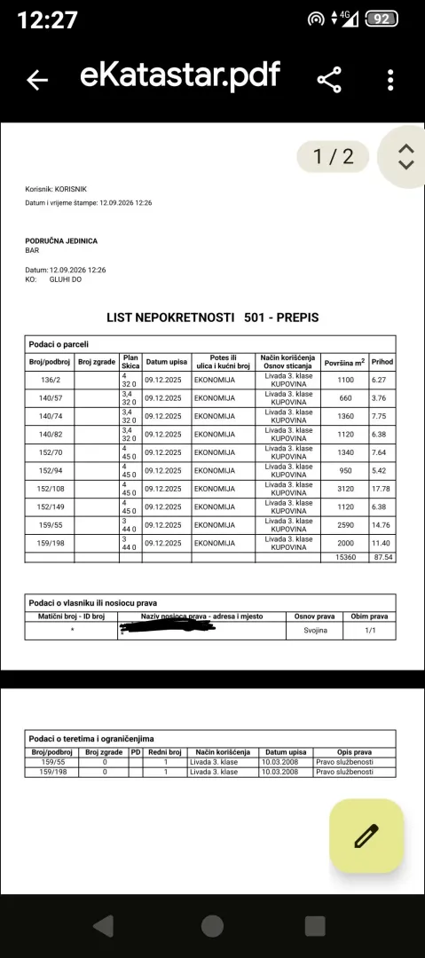 List nepokretnosti iz katastra sa podacima o parcelama.