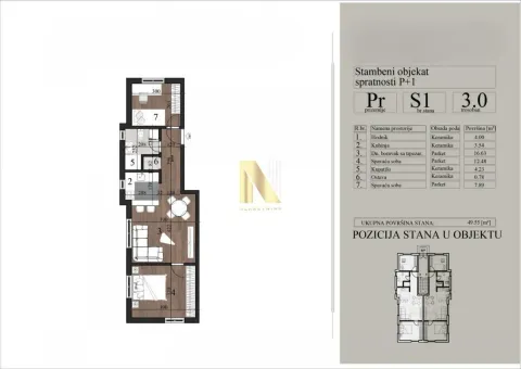 Osnova stana sa rasporedom prostorija i dimenzijama. - image 2