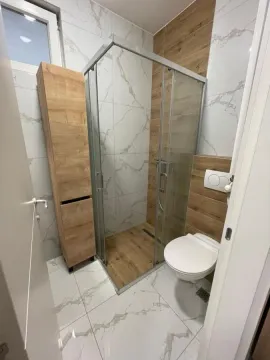 Moderno kupatilo sa tuš kabinom, WC šoljom i drvenim ormarićem. - image 7