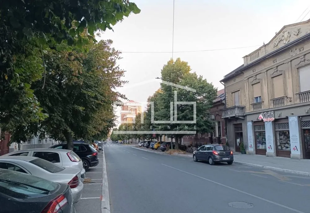 Pogled na ulicu ispred zgrade sa parkiranim automobilima i drvoredom.