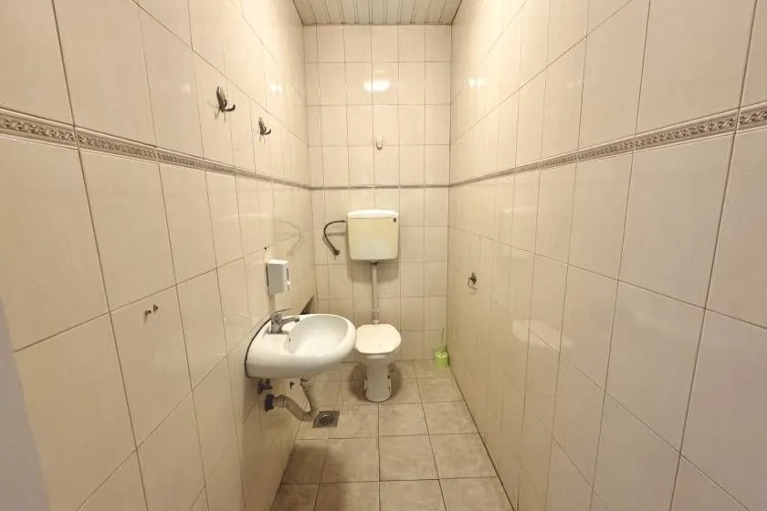 Small tiled bathroom with a washbasin and toilet.